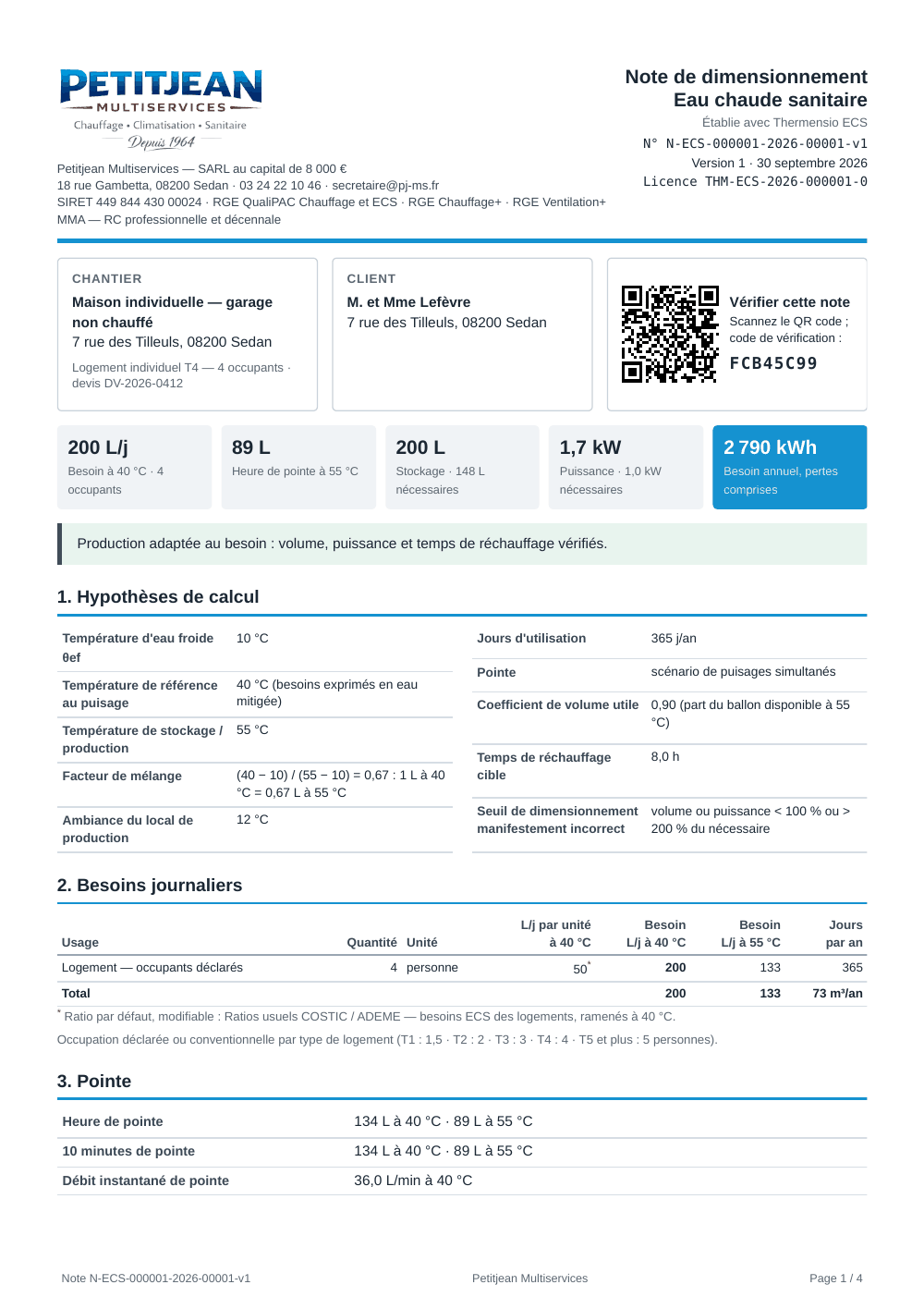 Première page d'une note de dimensionnement Thermensio ECS