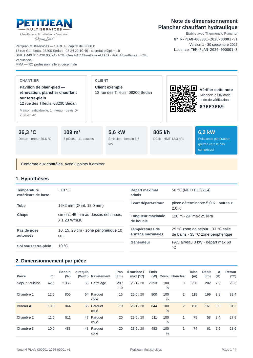Première page d'une note de dimensionnement Thermensio Plancher